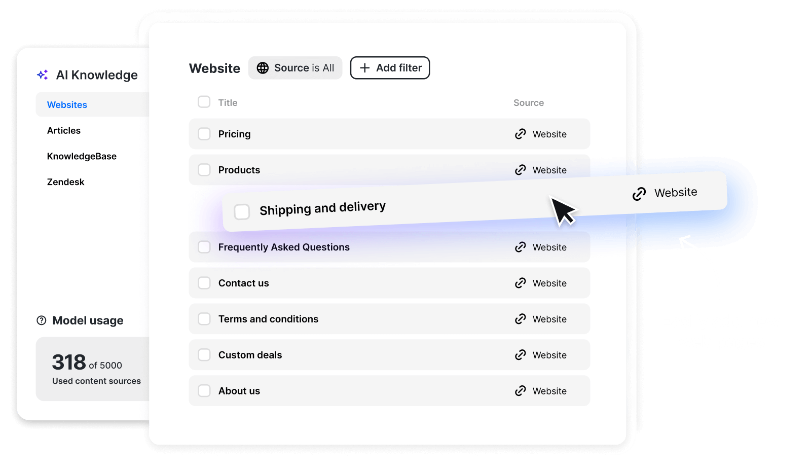 'AI Knowledge' section in the ChatBot app. This section is dedicated to setting up an AI chatbot by creating a custom AI model based on the provided data. The section includes four tabs for different types of content sources: Websites, Articles, KnowledgeBase, and Zendesk. An example shows the process of adding a new web page from a website to train the model. ChatBot's AI Assist will use the collected information to answer customers' questions.