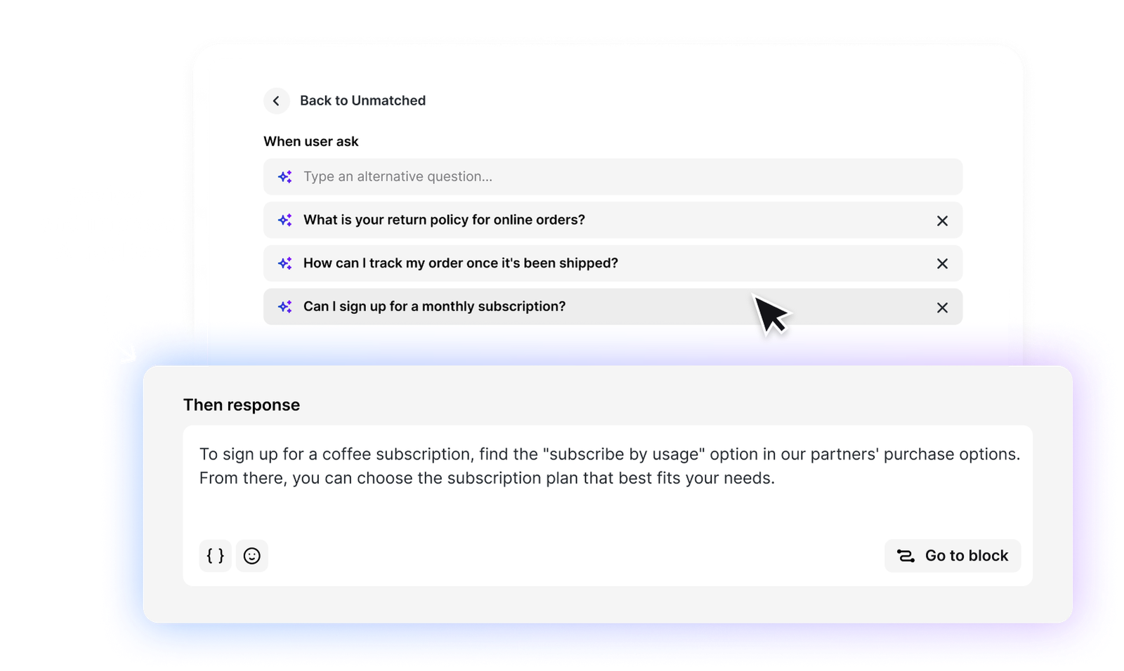 'Traning' section in the ChatBot app with examples of questions which can be asked by customers in chats.