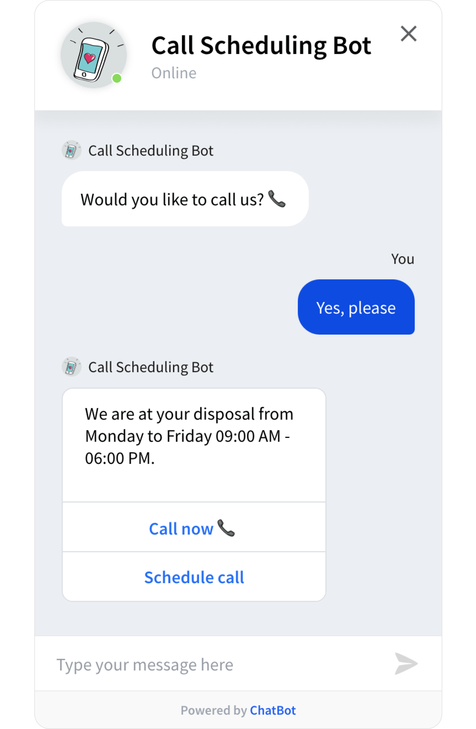 Call Scheduling Template - ready-tu-use ChatBot template widget
