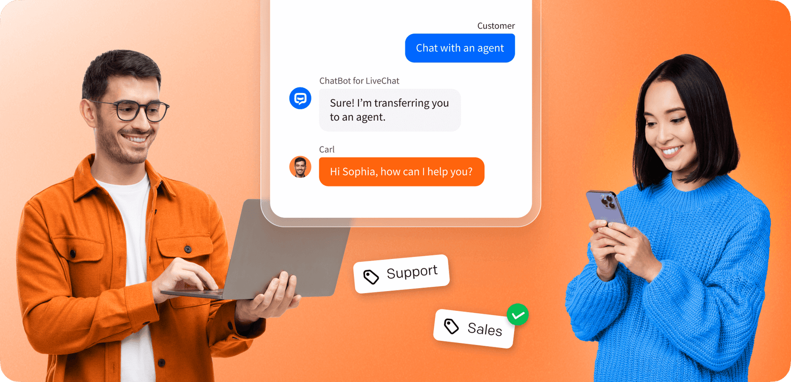 Chat widget with ChatBot and LiveChat integration showing the process of redirecting the customer to the live agent during the conversation with the AI chatbot.