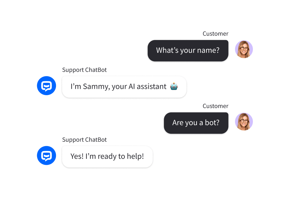 A conversation showcasing the ChatBot's Small Talk feature: a customer asks, 'What's your name?' and 'Are you a bot?' and the bot answers these questions.