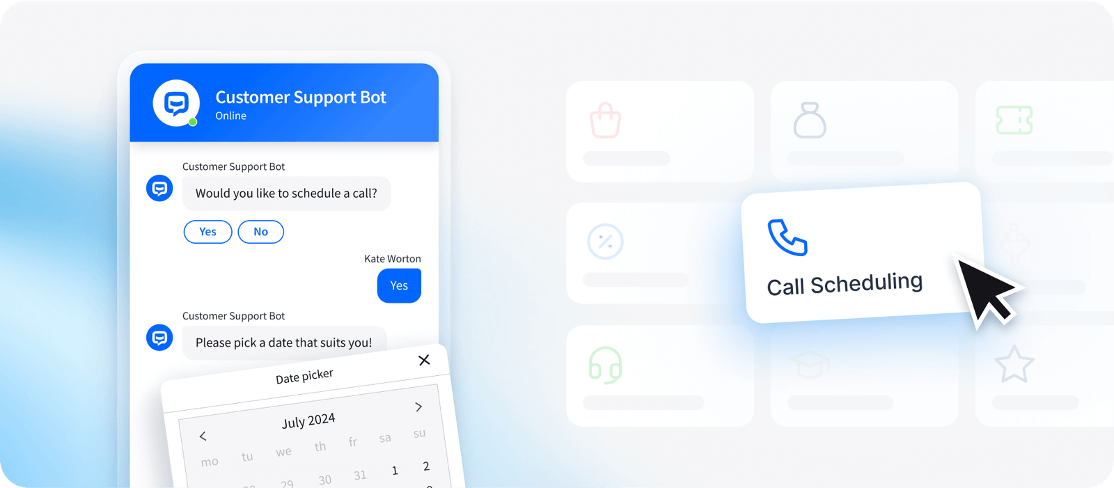 ChatBot Templates: Customer Service Bot, Call Scheduling Bot and other templates.