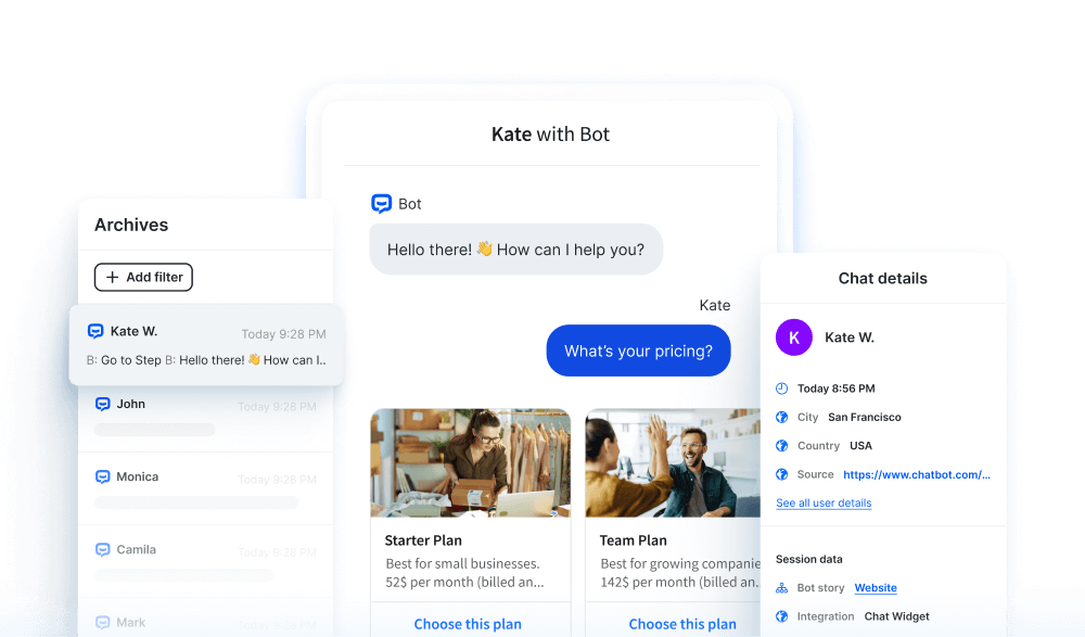 Chatbot's user analytics features: Archives displaying all users' chats with personal details such as names, locations, chat sources, and other chat details.