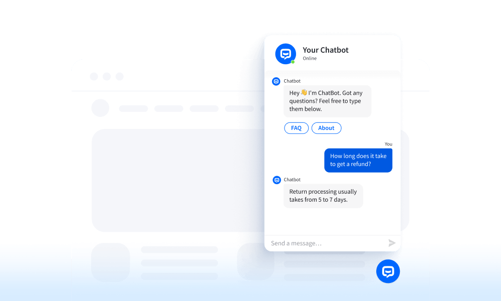 An example of a conversation in Chat Widget, including welcome message with Quick Replies, user's question and the bot's answer.