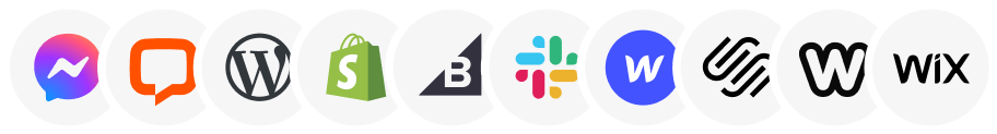 Icons of ChatBot integrations, including Facebook Messenger, LiveChat, WordPress, Shopify, BigCommerce, Slack, Webflow, Squarespace, and Wix.