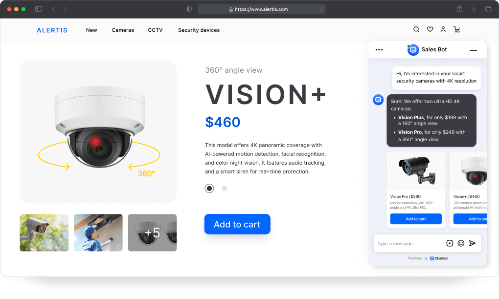 An ecommerce website interface featuring an AI chatbot widget, displaying a customer's question and an AI-generated response. The response includes a rich chatbot message in the form of an image carousel with recommended products. Enrich your website with an AI chatbot to instantly interact with customers.