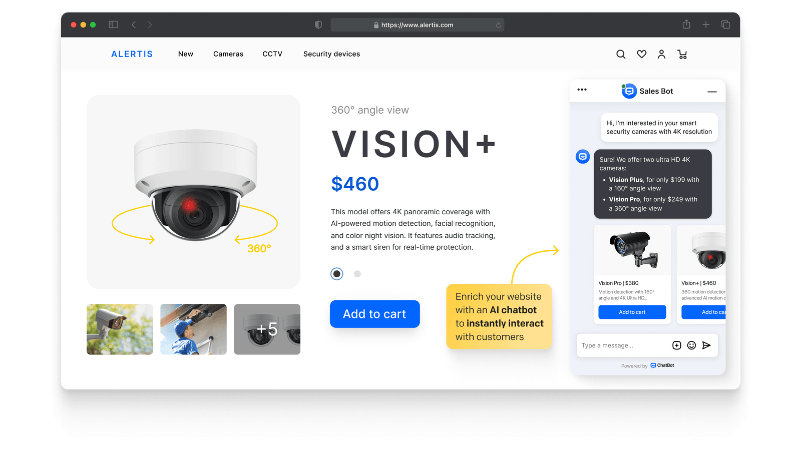 An ecommerce website interface featuring an AI chatbot widget, displaying a customer's question and an AI-generated response. The response includes a rich chatbot message in the form of an image carousel with recommended products. Enrich your website with an AI chatbot to instantly interact with customers.
