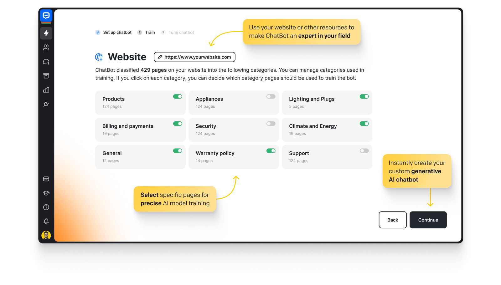 ChatBot software interface view with Set up your chatbot section, showing an AI chatbot training based on the provided website address. Use your website or other resources to make ChatBot an expert in your field. Select specific pages for precise AI model training. Instantly create your custom generative AI chatbot.