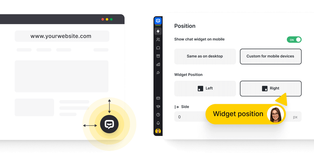 Chatbot widget's bubble placement on the website and position settings in the ChatBot app.